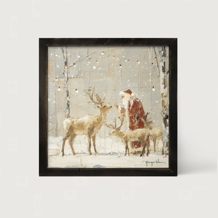 Santa Visiting Reindeer under Lights - Framed Art