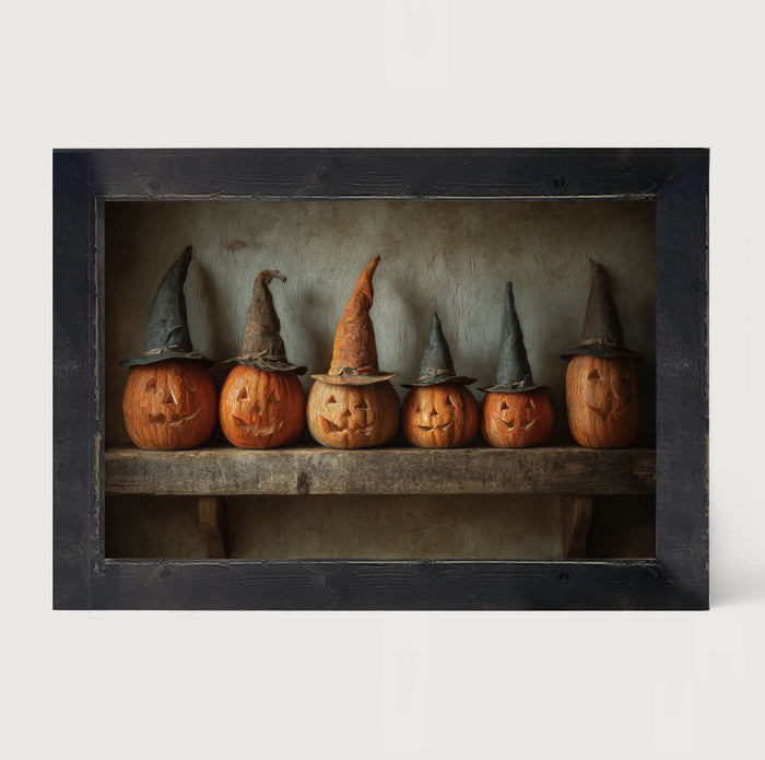 Shelf Full of Jack-o-Lanterns in Witch Hats