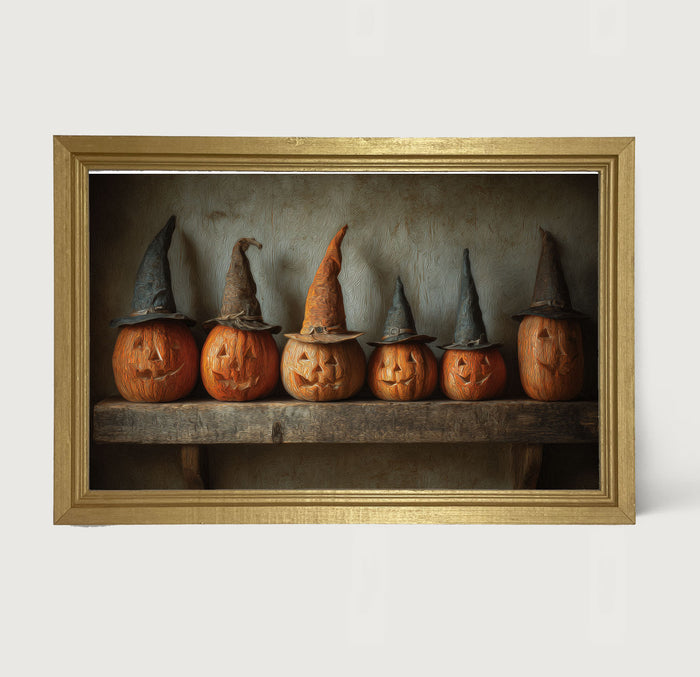 Shelf Full of Jack-o-Lanterns in Witch Hats