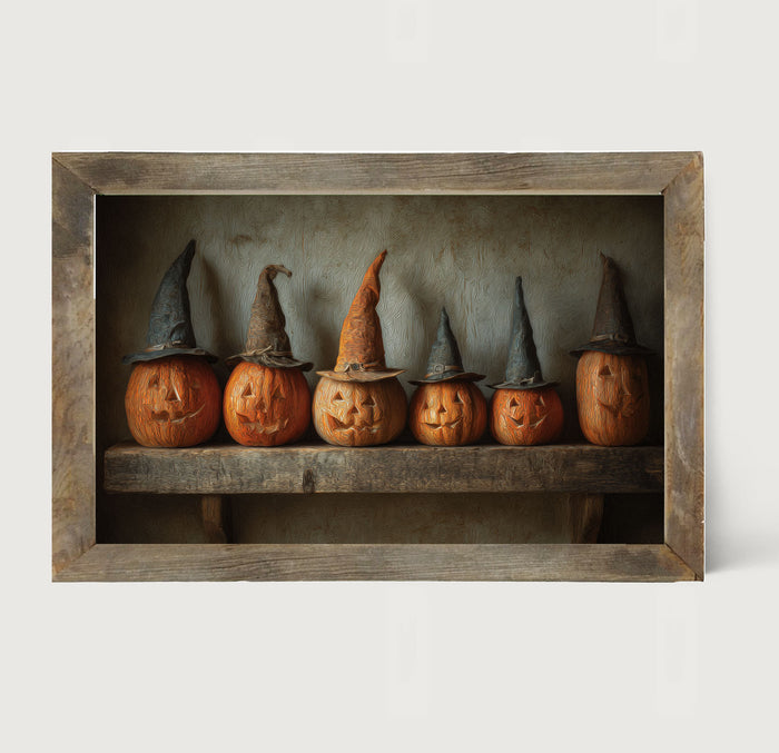 Shelf Full of Jack-o-Lanterns in Witch Hats