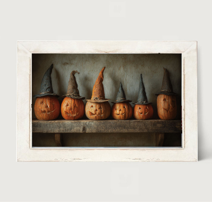 Shelf Full of Jack-o-Lanterns in Witch Hats