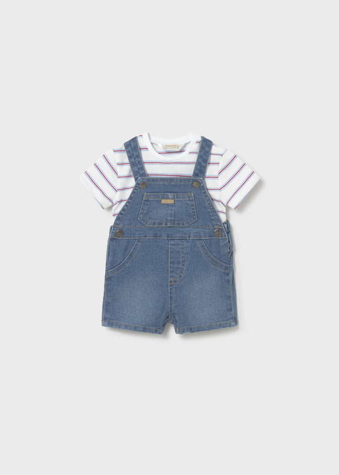 Short Denim Overalls & Red Blue Striped Tee