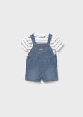 Short Denim Overalls & Red Blue Striped Tee