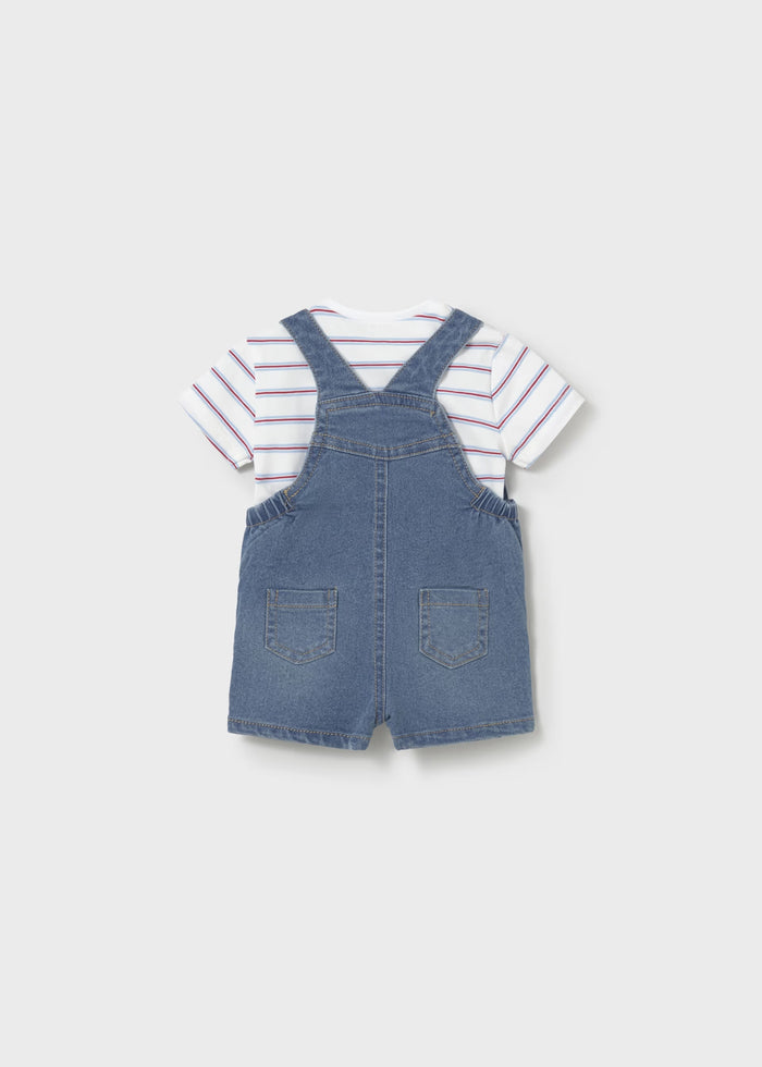 Short Denim Overalls & Red Blue Striped Tee