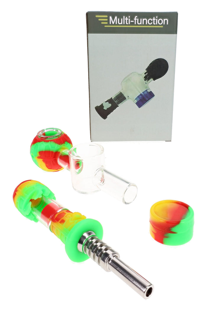 Red yellow green silicone glass dab straw kit with metal tip, hand pipe body, jar, and box