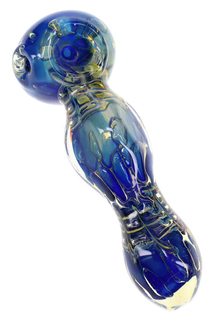 Blue silver-fumed glass hand pipe with bubble-net pattern, spoon bowl, carb hole, and internal pyramid feature