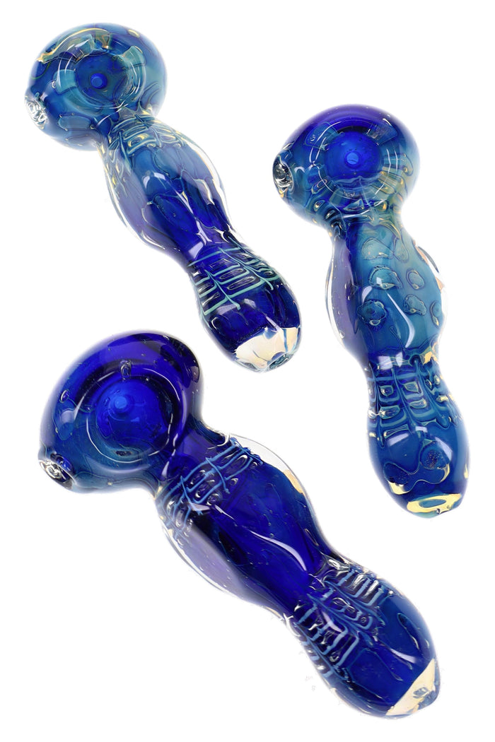 Assorted 4½″ blue bubble glass hand pipes with silver-fumed color change, spoon bowls, and raised texture