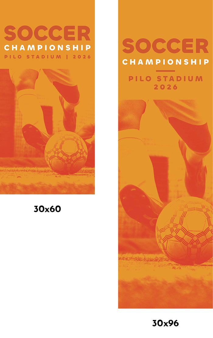 Two soccer championship posters with a player kicking a ball on an orange background.