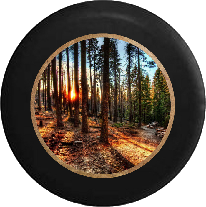 Sun Through the Tall Pines California Forest Jeep Camper Spare Tire Cover BLACK-CUSTOM SIZE/COLOR/INK- R382 - TireCoverPro