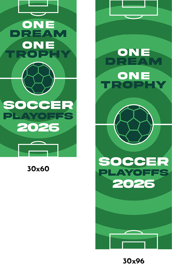 Two green banners with soccer graphics and text for the 2026 Soccer Playoffs.