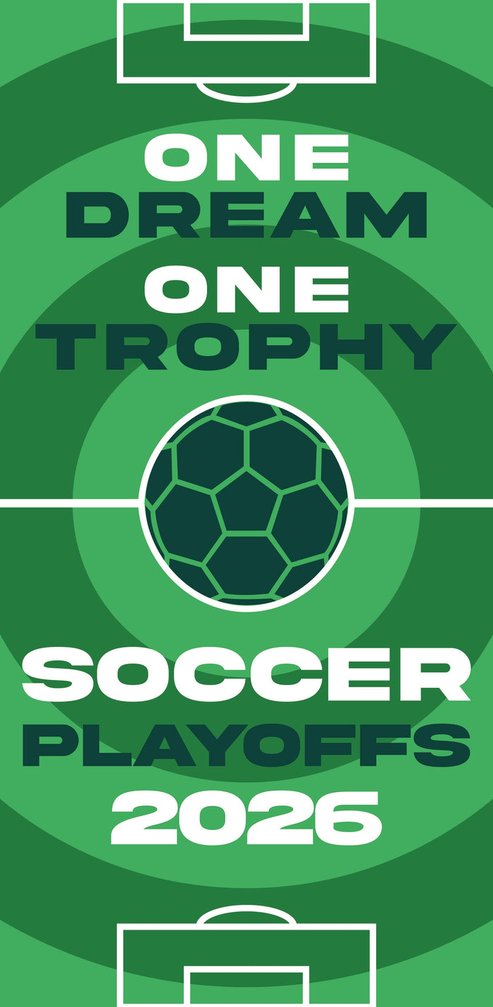 Promotional graphic for soccer playoffs 2026 with a green background and soccer ball design.