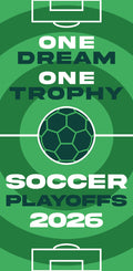 Promotional graphic for soccer playoffs 2026 with a green background and soccer ball design.