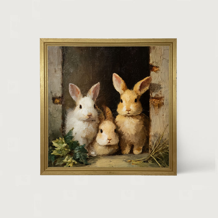 Three Rabbits in Doorway - Framed Art