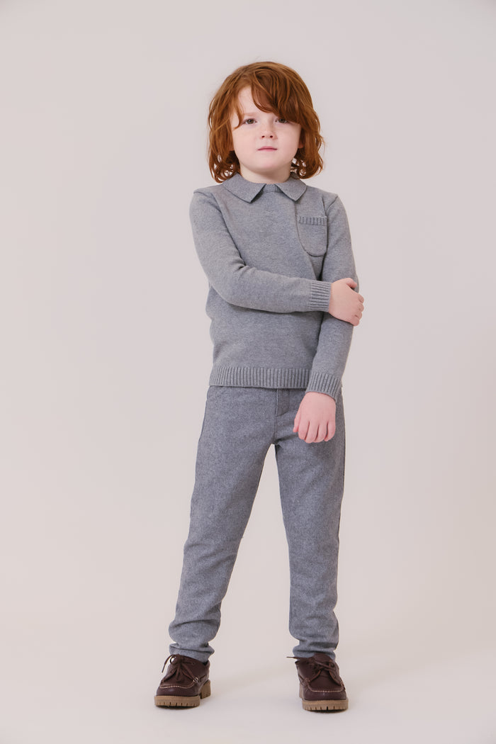 top l/s knit collared sweater - grey