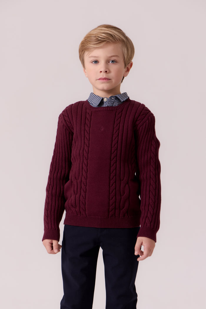 top l/s rib cable knit sweater - cranberry