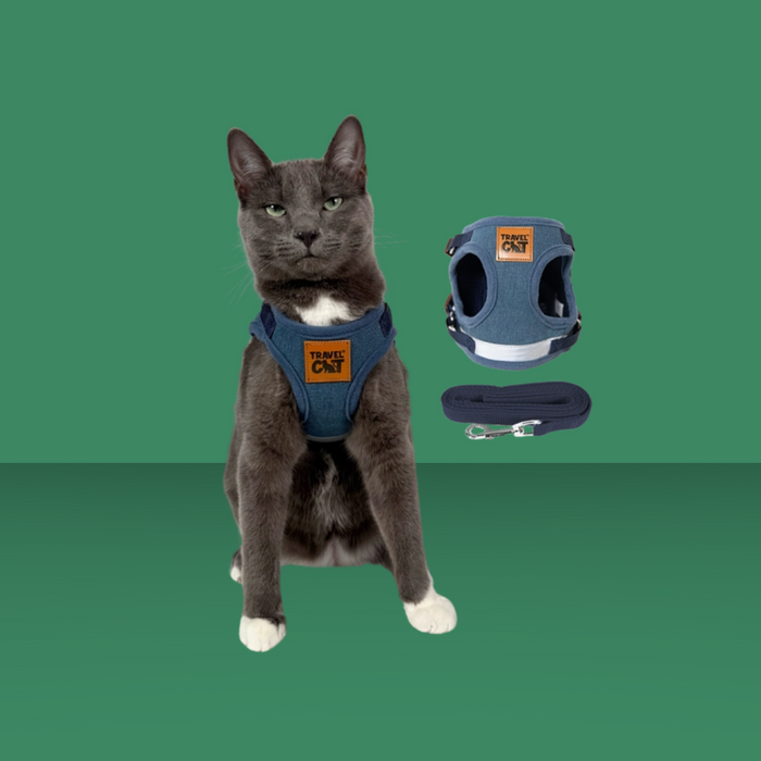 Travel Cat Harness and Leash Set Jean Jacket M