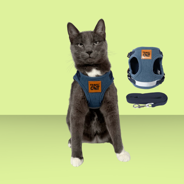 Travel Cat Harness and Leash Set Jean Jacket S