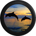Two Dolphins Jumping Sunset Sunrise Behind Sky  RV Camper Spare Tire Cover-BLACK-CUSTOM SIZE/COLOR/INK - TireCoverPro