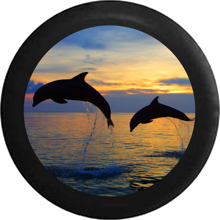 Two Dolphins Jumping Sunset Sunrise Behind Sky  RV Camper Spare Tire Cover-BLACK-CUSTOM SIZE/COLOR/INK - TireCoverPro