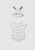 White Striped Snap Romper & Ears Bucket Hat