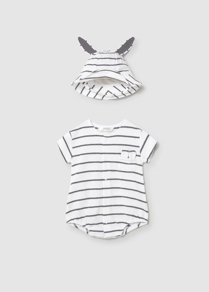 White Striped Snap Romper & Ears Bucket Hat