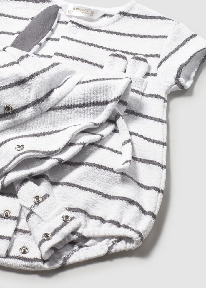 White Striped Snap Romper & Ears Bucket Hat